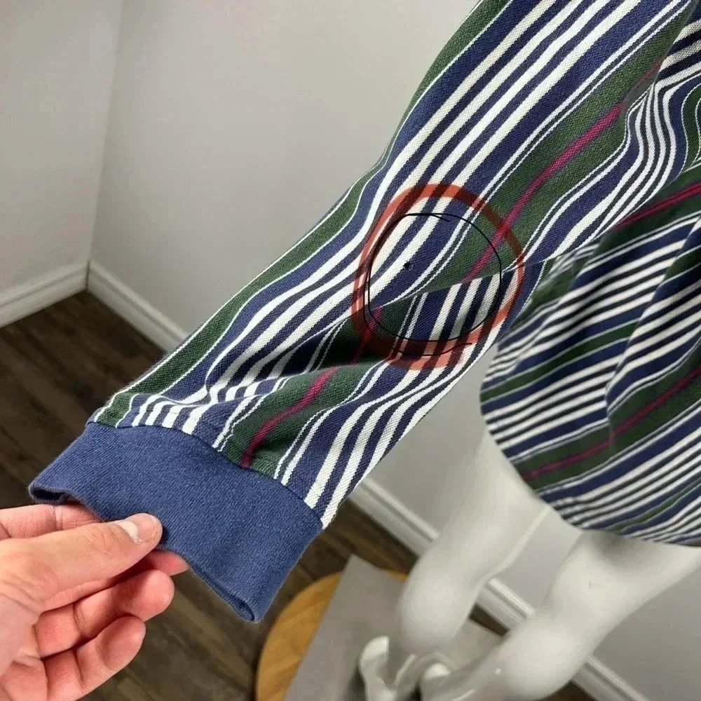 Vintage 90s Tommy Hilfiger Striped Long Sleeve Polo Shirt Black White Green Blue - Picture 12 of 12